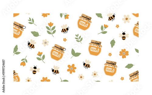 bees and honey jars, seamless pattern, repeating pattern, surface design, textile print, cute bees buzzing around small honey jars with dripping honey, flowers