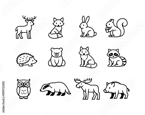 Woodland animals. Line outline icon set of Woodland animals: deer, fox, rabbit, squirrel, hedgehog, bear, wolf