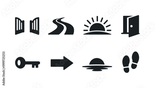 New Opportunity Symbols. Filled icon set of New Opportunity Symbols: gate opening, path road, rising sun, open