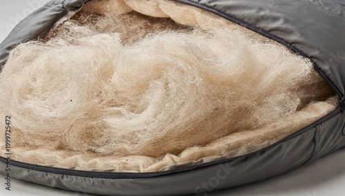 Closeup medium shot of lofty insulation fiber batts filling a sleeping bag emphasizing warmth and lightweight comfort in outdoor gear.