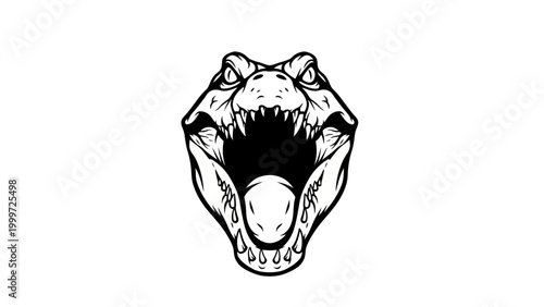 Aggressive Dinosaur Head Roaring with Sharp Teeth, Black and White Line Art