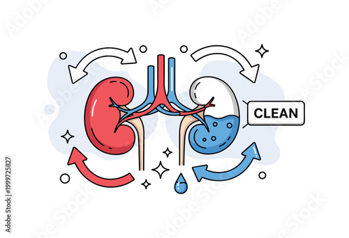 Blood purification concept. A single kidney is centered, with a flow of red and blue elements showing intake and output as purified fluid. Small sparkles and a