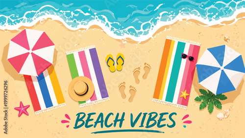 Beach Vibes summer background, tropical ocean shore with towels and umbrellas, sandy coast vector
