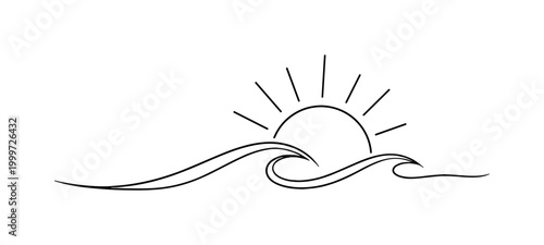 Coastal Sun. Minimalistic one-line drawing sun rising above a flowing ocean wave with smooth curves,