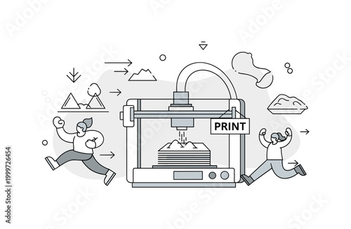 3D printing materials. A central printer extrudes a new material into a precise object, with clean lines showing layer-by-layer construction. A ?PRINT? label