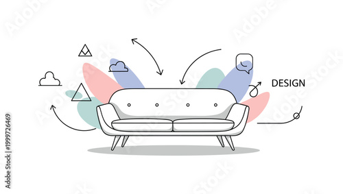 Classic modern furniture. A single sofa is centered, with smooth curves and slim legs defining the mid-century style. Subtle arrows and a ?DESIGN? label