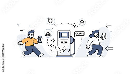 Power station concept. One central charging unit is surrounded by subtle circular indicators and icons showing energy distribution. A small ?CHARGE? label and