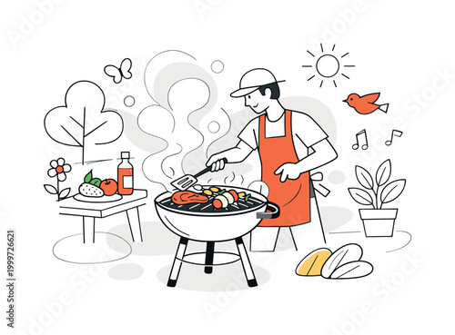 Outdoor grilling scene. A person flipping food on a grill, smoke and aroma illustrated with soft abstract
