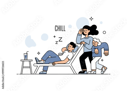 Afternoon relaxation. A single lounge chair with a person peacefully napping is centered, with a tiny side table holding a drink. Subtle sparkles and a ?CHILL?