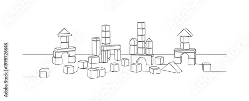"Playtime Block Scene". Minimalistic one-line drawing children?s blocks arranged in small towers and loose pieces across a floor surface, continuous single