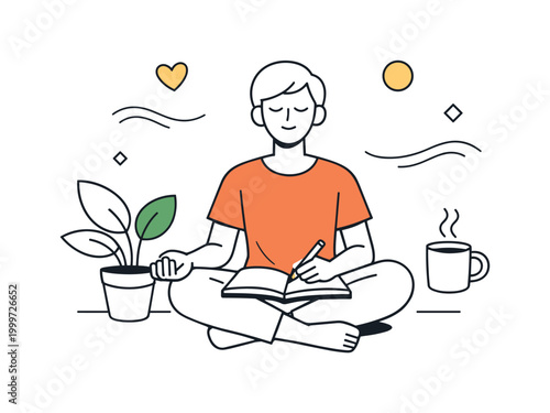 Finding calm in small moments. Individual sitting quietly with plant and notebook, gentle lines suggesting