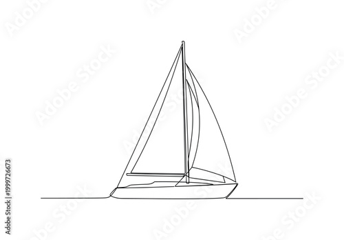 "Wind and sail". Minimalistic one-line drawing sailboat with billowing sail catching gentle wind with fluid continuous contours, continuous single black line
