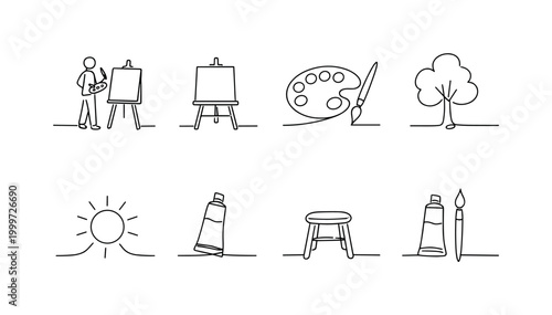 OUTDOOR ART CREATION SET. Minimalistic set one-line drawing artist, easel with canvas, paint palette, brush,