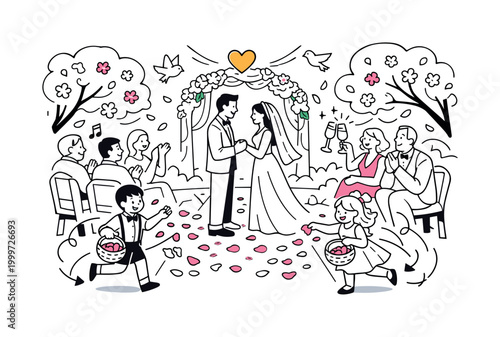 Romantic Spring Garden Ceremony. The bride and groom exchanging vows on a decorated path, children scattering