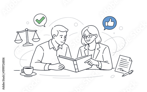 Professional legal consultation. Client and lawyer reviewing case file together, scales of justice and