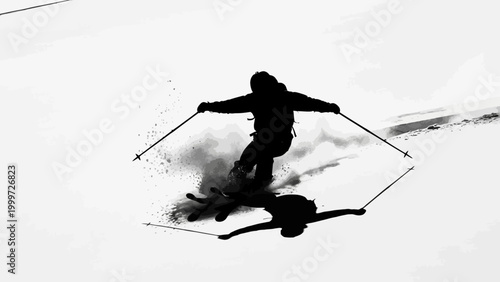 Silhouette of skier carving powder snow, creating a spray, with shadow on slope.