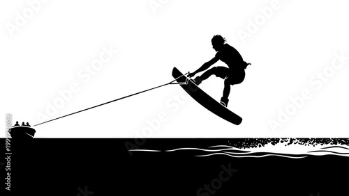 Silhouette of wakeboarder jumping behind boat on water, active lifestyle and extreme sports