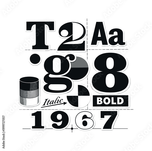 Conceptual retro type specimen poster composition built from oversized letters and numerals, black and white
