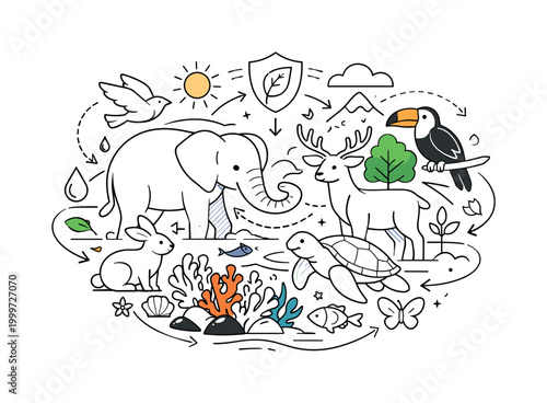 Biodiversity conservation efforts. Animals, trees, and coral arranged together, fragile balance and quiet