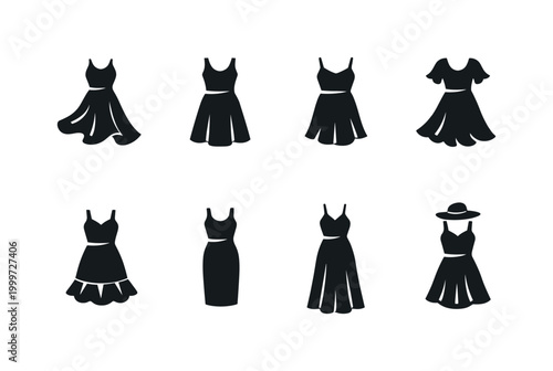 Light Fabric Dresses. Filled icon set of Light Fabric Dresses: flowing dress, sleeveless dress, thin strap