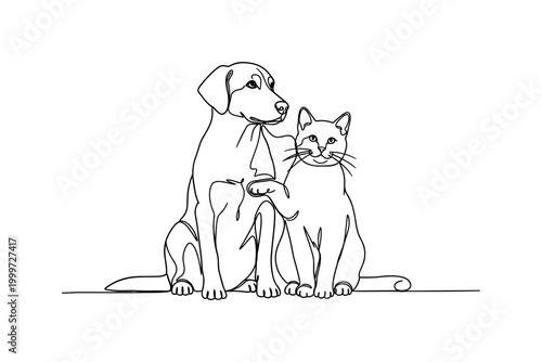 "Dog and cat together". Minimalistic one-line drawing dog and cat sitting side by side with relaxed posture and gentle interaction, continuous single black