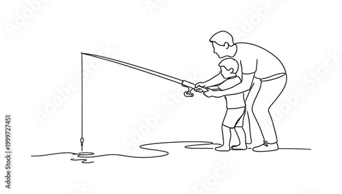 Family Fishing Moment. Minimalistic one-line drawing parent guiding a child?s hands with fishing rod near