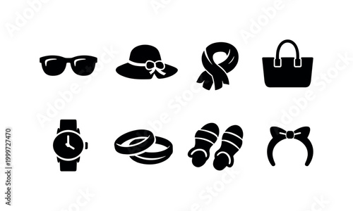Spring Accessories Icons. Spring Fashion Accessories. Filled icon set of Spring Fashion Accessories:
