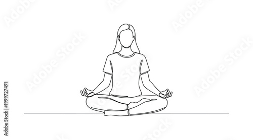 "Person meditating calm". Minimalistic one-line drawing person sitting cross-legged in meditation with straight posture and hands resting on knees, continuous