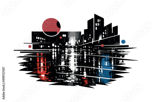 Urban Noir Reflections. Film noir city reflections portrayed as a moody urban scene, black and white retro