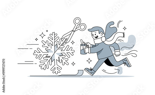 Festive craft creation. A single paper snowflake is the main object, shown mid-cut with simple scissors nearby. Subtle motion lines and sparkles suggest