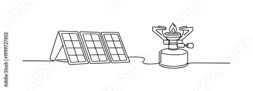 Eco Camping Gear. Minimalistic one-line drawing portable solar panel beside a compact camping stove