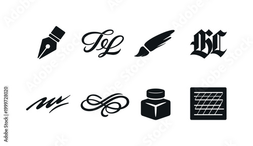 Calligraphy styles. Filled icon set of Calligraphy styles: calligraphy pen nib, flowing script letters, brush