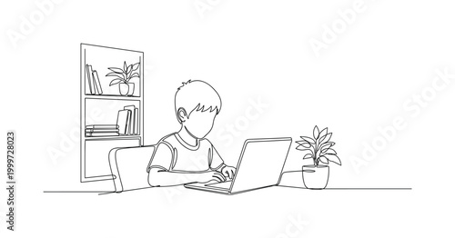 "Home Learning Setup". Minimalistic one-line drawing a kid at a desk using a laptop with minimal surroundings indicating a study space, continuous single black