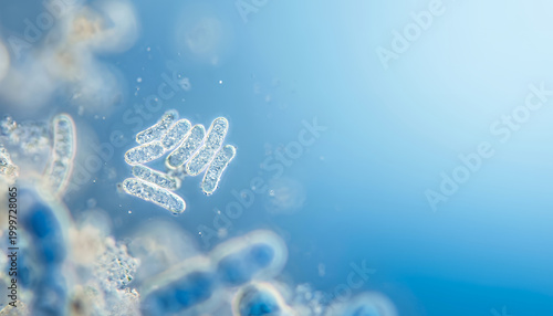 Close-up view of microscopic organisms in a clear blue environment, showcasing intricate details of their structure and formation.