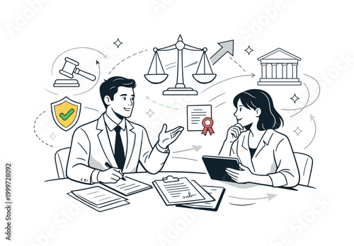 Legal advice meeting. Professional consultation room with documents, tablet, and law icons floating subtly,