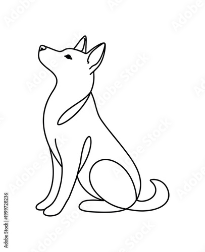 Curious Pup Drawing. Curious Pup. Minimalistic one-line drawing seated dog gazing upward with perked ears and