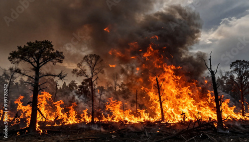 Wildfire Engulfing Forest with Intense Flames and Thick Smoke