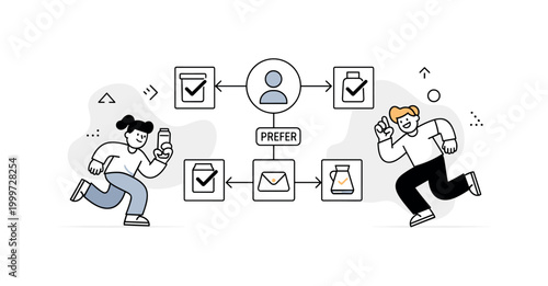 User preferences. A profile icon connects to selected items through clean lines, with checkmarks appearing on preferred products. A small ?PREFER? label