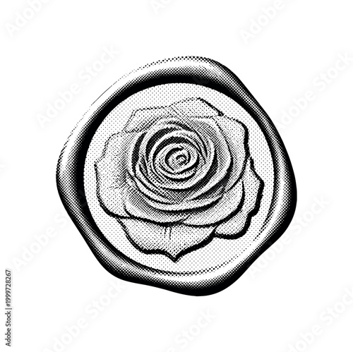 A close-up of the embossed rose pattern on a wax seal, centered but minimal, highlighting detail and imperfection, black and white halftone illustration, fine