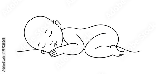 Sweet Dreams. Minimalistic one-line drawing baby resting peacefully with eyes closed and tiny limbs tucked in,