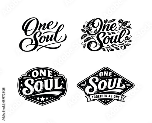 One Soul. Set lettering. 4 harmonious lettering variations of the same emblematic concept, each with different