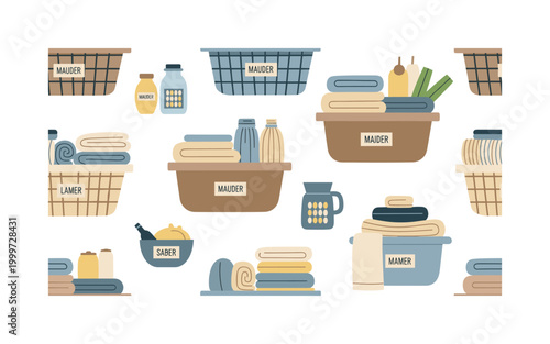Organizing laundry baskets by type, seamless pattern, repeating pattern, surface design, textile print, stylized laundry baskets filled with folded clothes,