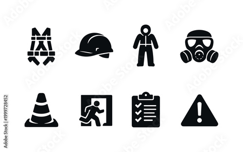 High risk job equipment. Filled icon set of High risk job equipment: safety harness, protective helmet, hazard