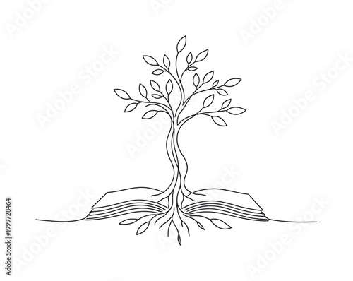 Roots of Knowledge. Minimalistic one-line drawing stylized tree rising from an open book with flowing