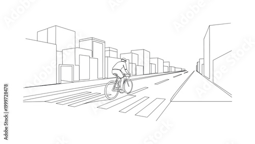 "Urban Cycling Scene". Minimalistic one-line drawing a bicycle moving through a city street with lane markings and minimal buildings, continuous single black