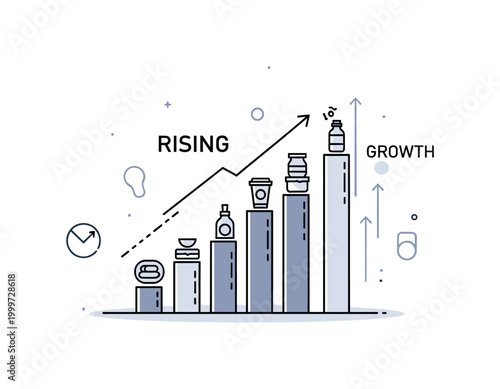 Rising demand. A simple bar chart grows upward with small product icons stacking along the bars, showing increasing consumption. A ?GROWTH? caption and subtle