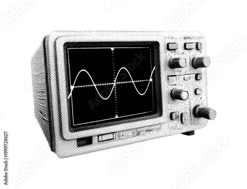 A single retro analog oscilloscope waveform displayed as a smooth sine curve on a small screen, slightly tilted and partially cropped, symbolic of signal and