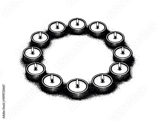 Top-down composition of ritual candles placed in a precise circular formation, wicks and rims rendered as