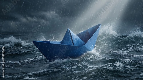 Perahu Kertas Biru Mengapung di Laut Bergelombang Saat Hujan Menyimbolkan Ketahanan dan Harapan dalam Kesulitan
