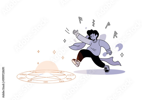 Magic rituals. A single glowing ritual circle is the main focus, drawn on the ground with symbols and a soft aura radiating outward. Small sparkles and